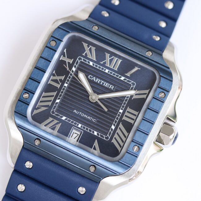 Front view of the new GF Santos rubber strap men's watch from the famous high-quality Cartier