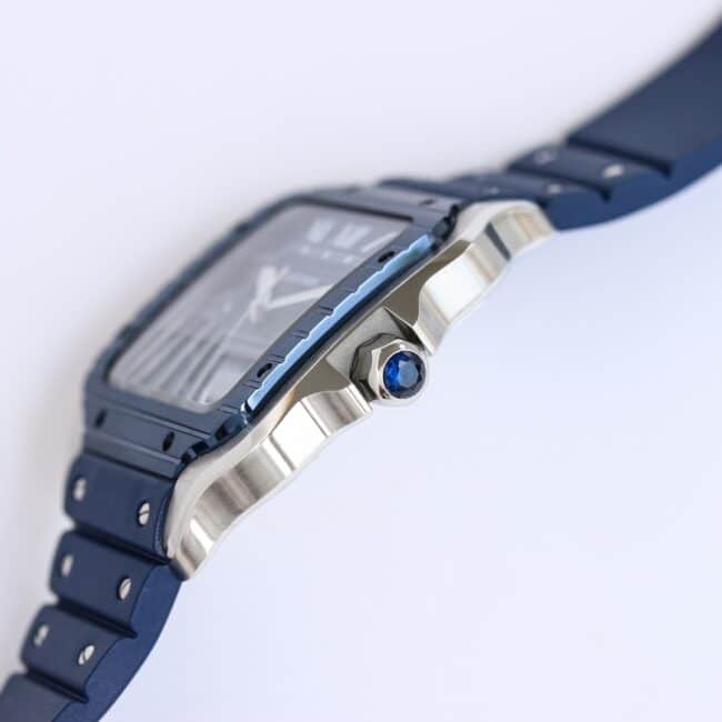Side view of the new GF Santos rubber strap men's watch from the famous high-quality Cartier