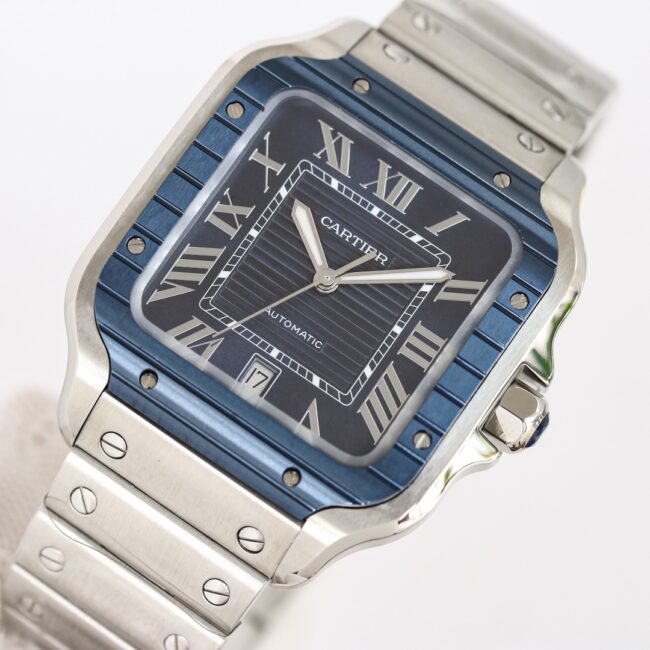 Cartierblue dial new GF Santos rubber strap men's watch front view