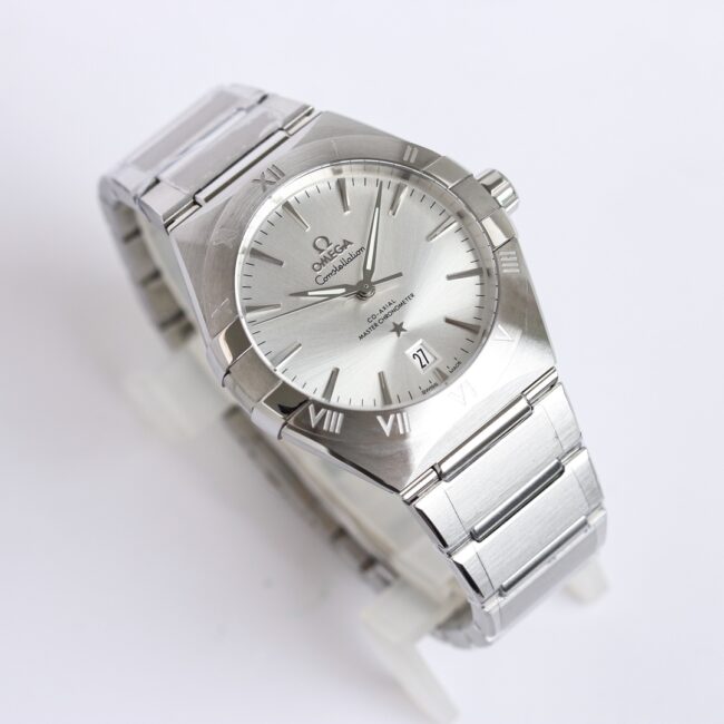 Top Omega 39mm Constellation series stainless steel watch front view