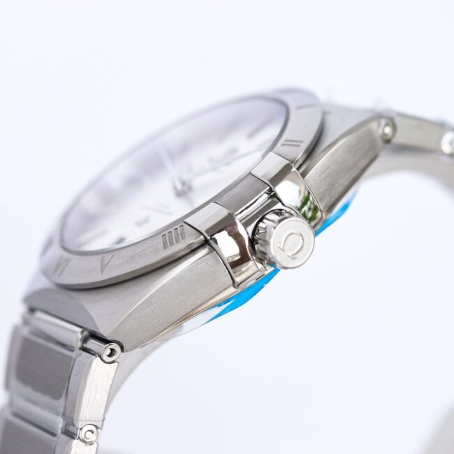 Top Omega 39mm Constellation series stainless steel watch, side view