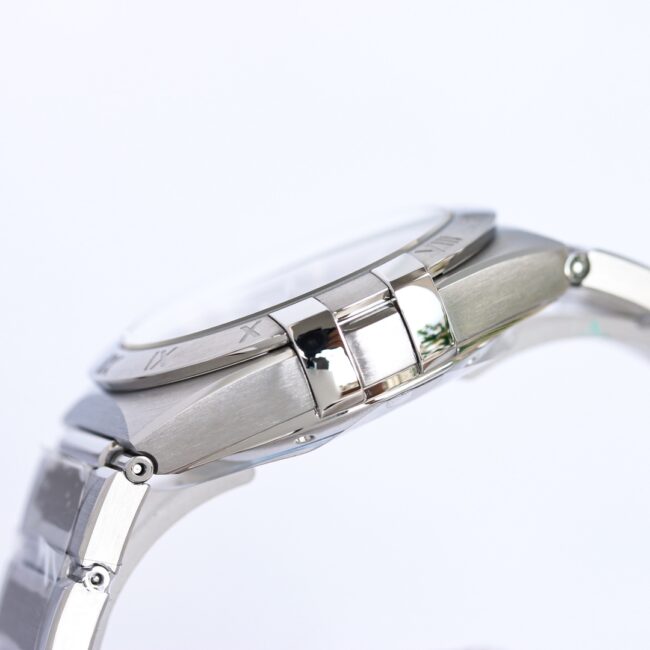 Top Omega 39mm Constellation series stainless steel watch, side view