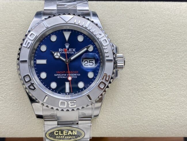 top-tier replicaC factory Rolex blue dial yacht series 3235 movement 904 stainless steel watch front view