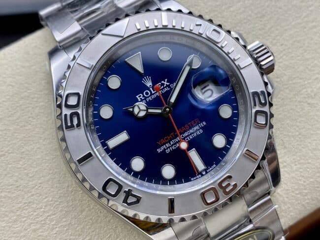 top-tier replicaC factory Rolex blue dial yacht series 3235 movement 904 stainless steel watch front view