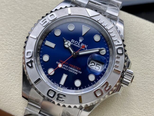 top-tier replicaC factory Rolex blue dial yacht series 3235 movement 904 stainless steel watch front view
