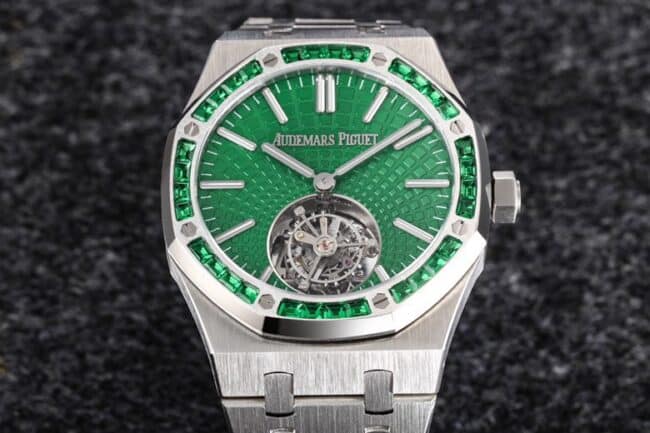 Front view of big factory high-quality replicaR8 factory 2022 Audemars Piguetgreen dialRoyal Oak self-winding tourbillon watch