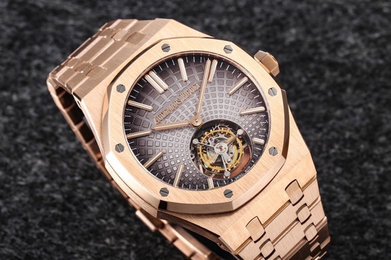 The top-tiersuper cloneR8 factory recently released the new 2022 Audemars Piguetrose gold gray dial Royal Oak self-winding tourbillon watch front view