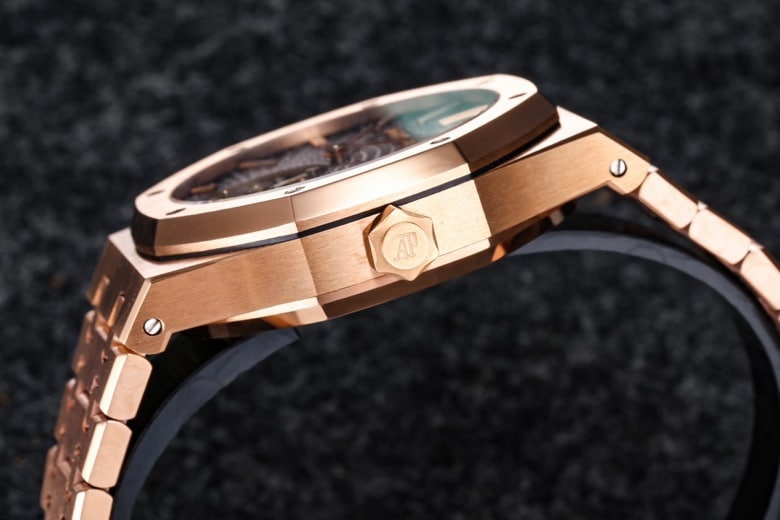 The top-tier super cloneR8 factory recently released the new 2022 Audemars Piguetrose gold gray dial Royal Oak self-winding tourbillon watch side view