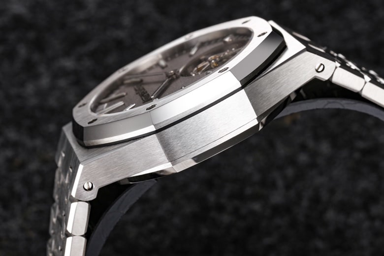 top-tier replicaR8 factory 2022 Audemars Piguet gray plate Royal Oak self-winding tourbillon men's watch side view