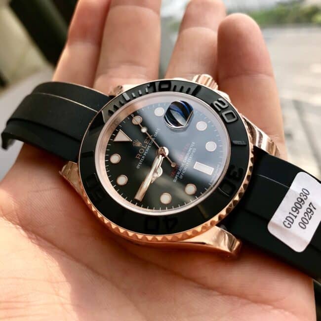 Top Rolex Gold Yacht-Master 18k rose gold black dial men's watch front view