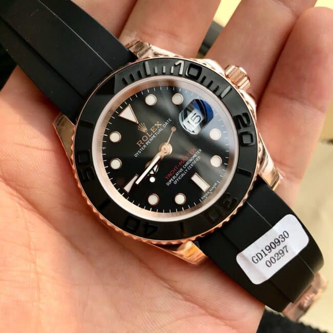 Top Rolex Gold Yacht-Master 18k rose gold black dial men's watch front view