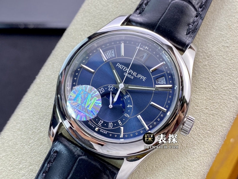 KM factory Patek Philippe complex function timepiece 5205G1:1super watch men's blue dialmoon phaseleather strap model pictures and prices front live photo