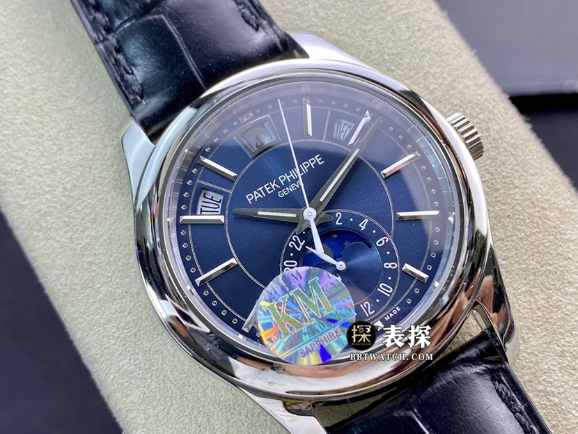 KM factory Patek Philippe complex function timepiece 5205G1:1super watch men's blue dialmoon phaseleather strap model pictures and prices front live photo