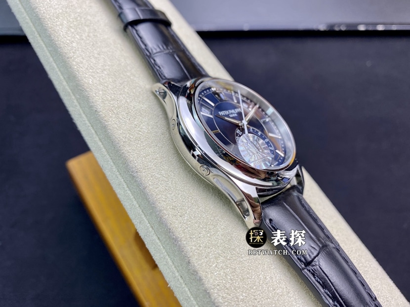 KM factory Patek Philippe complex function timepiece 5205G1:1super watch men's blue dialmoon phaseleather strap model pictures and prices side live photo