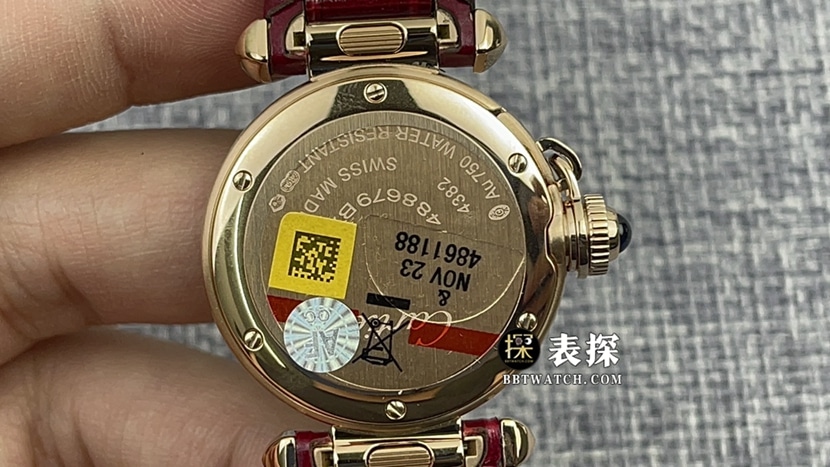 AF FactoryCartier Pasha watch ladies white dial diamond leather strap model pictures and prices caseback live photo