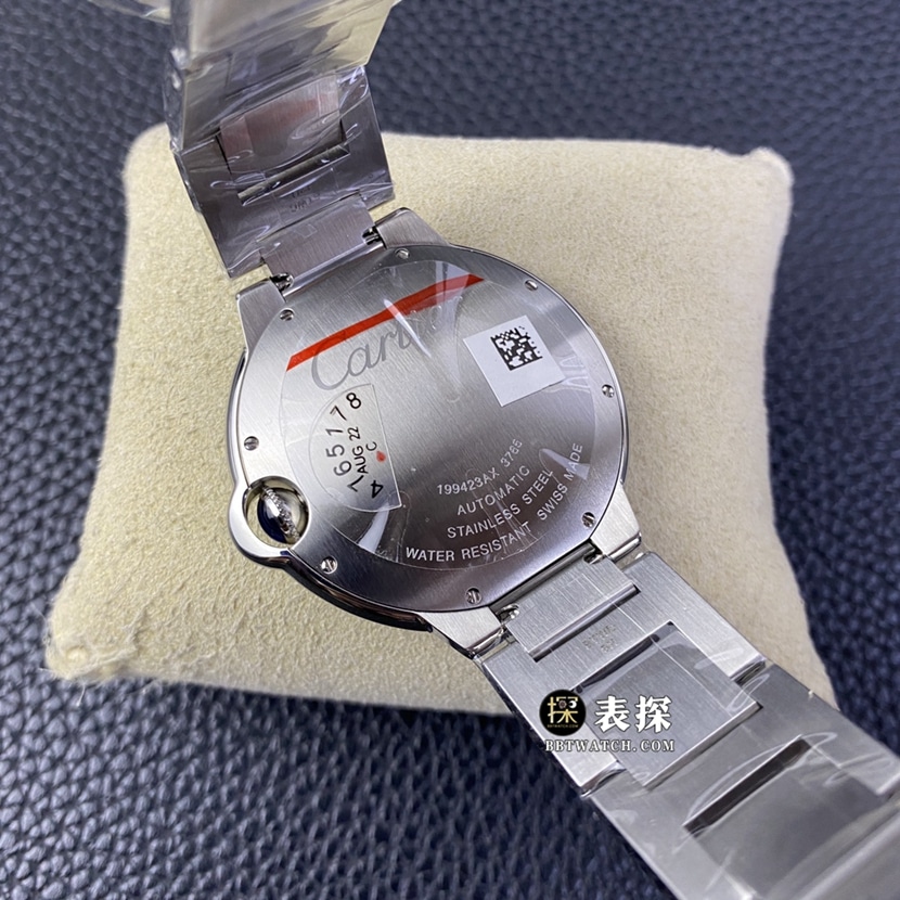 V6 factory Cartier blue balloon top imitation watches men's silver and white disk steel strap models pictures and prices back real picture