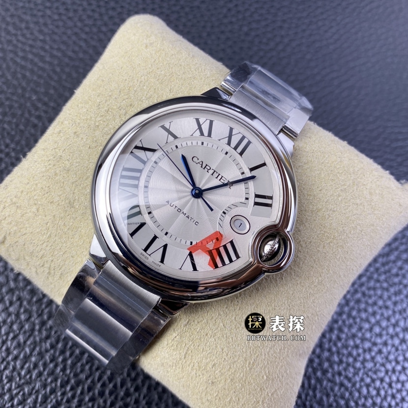 V6 factory Cartier blue balloon top imitation watches men's silver and white disk steel strap models pictures and prices front real picture