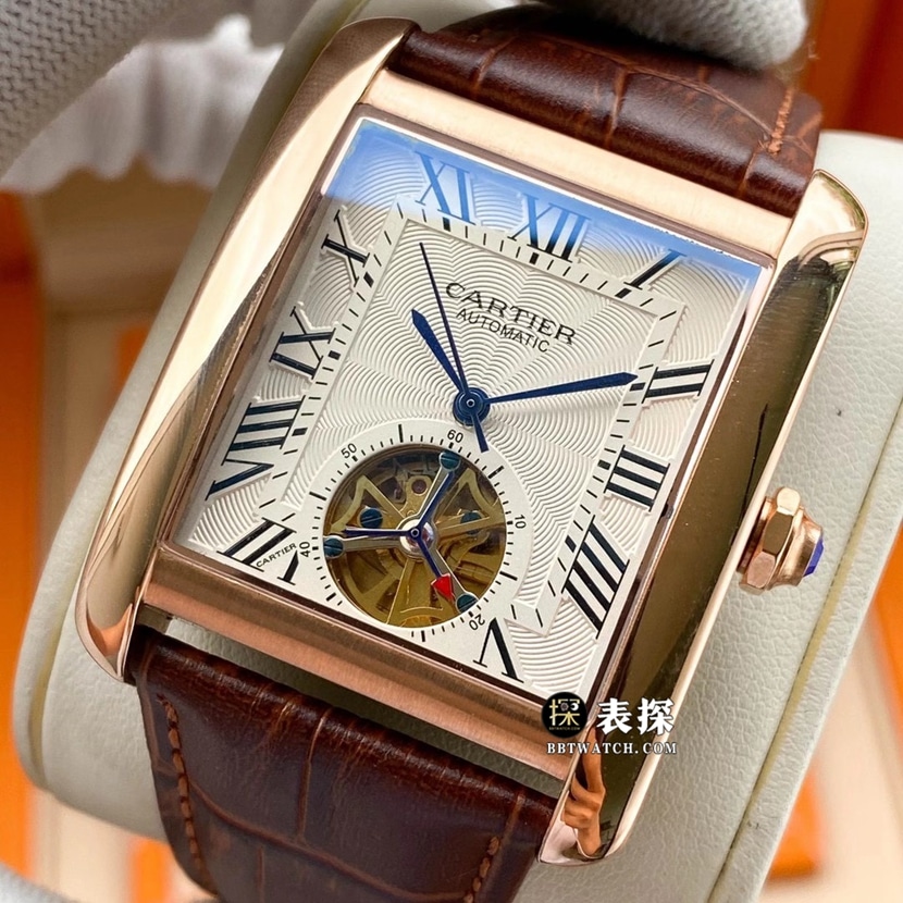 Cartier top imitation watch men's silver white dial tourbillon leather strap style pictures and price front actual photo