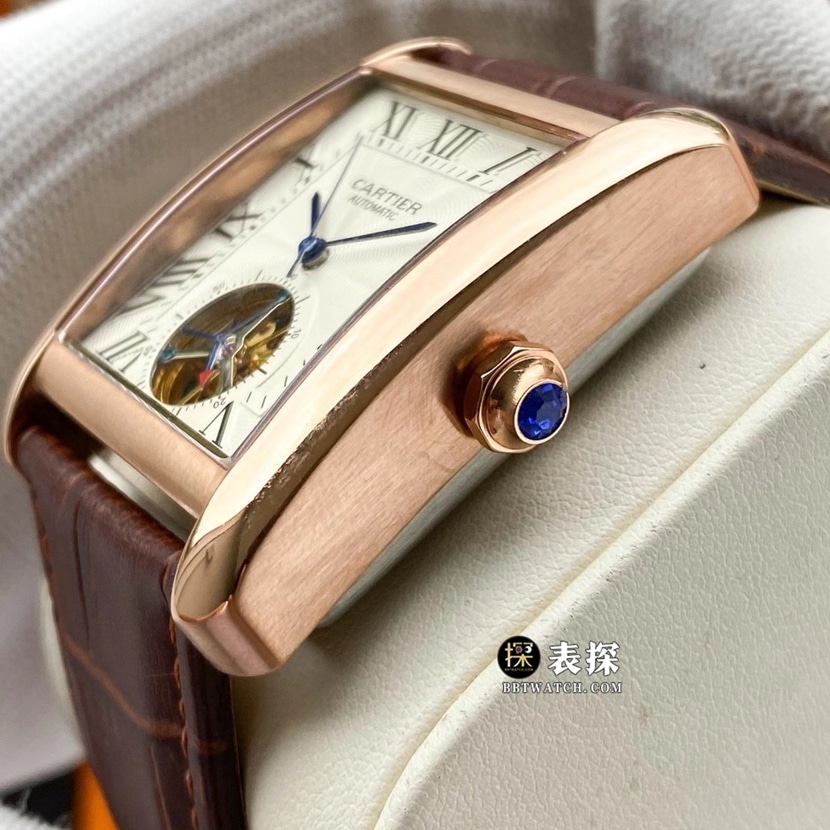 Cartier Top-Quality Watch Men's Silver White Dial Tourbillon Leather Strap Model Images and Price - Side View Real Shot
