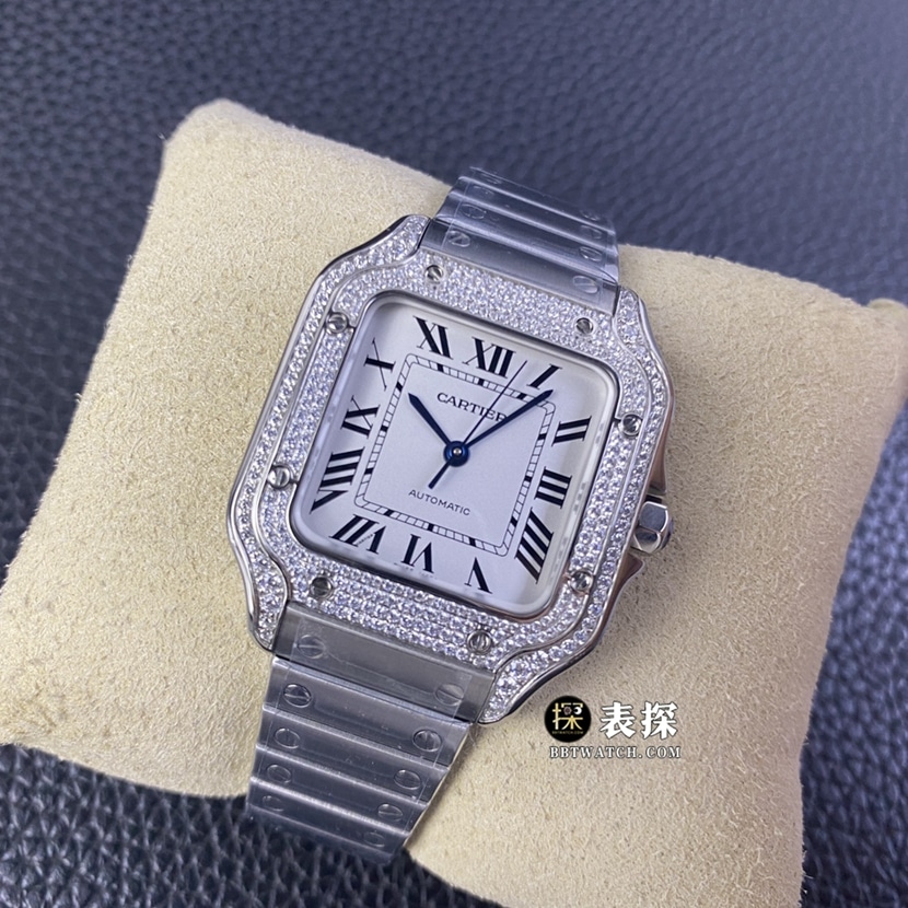 A8 factory Cartier Santos top-tier watch men's white dial diamond steel bracelet model pictures and prices front live photo