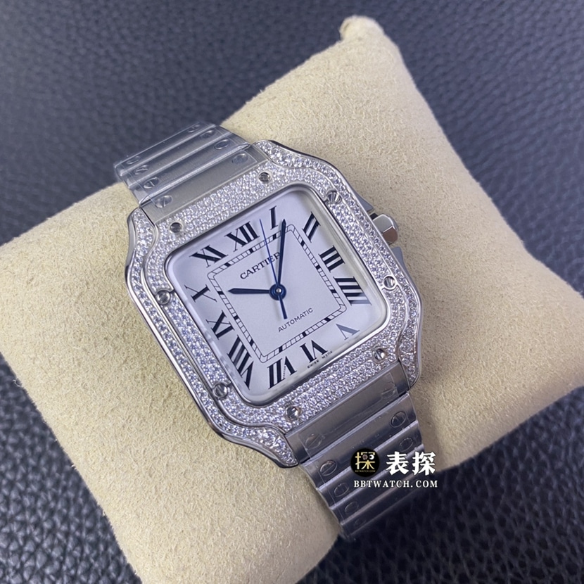 A8 factory Cartier Santos top-tier watch men's white dial diamond steel bracelet model pictures and prices front live photo