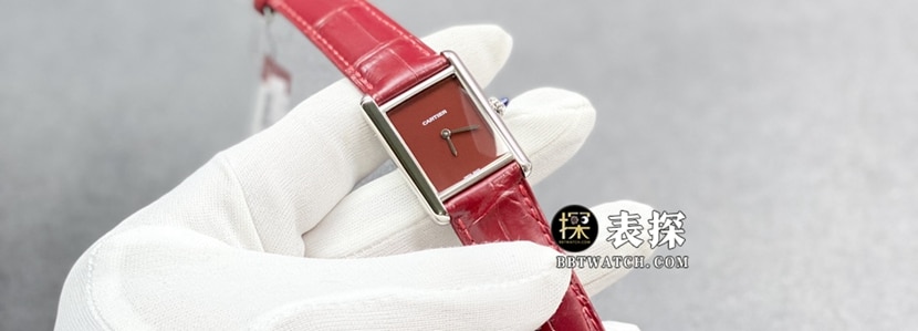 F1 factory Cartier tank watch ladies burgundy plate leather strap model picture and price front live photo