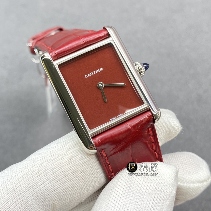 F1 factory Cartier tank watch ladies burgundy plate leather strap model picture and price front live photo