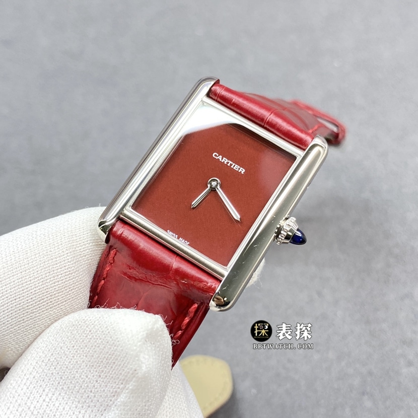 F1 factory Cartier tank watch ladies burgundy plate leather strap model picture and price front live photo