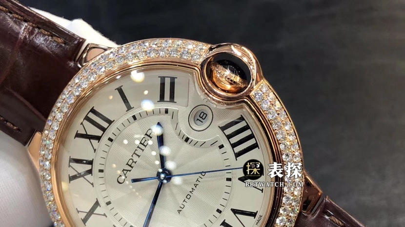 Cartier blue balloon watch men's silver gray plate rose gold diamond leather strap model pictures and prices front live photo