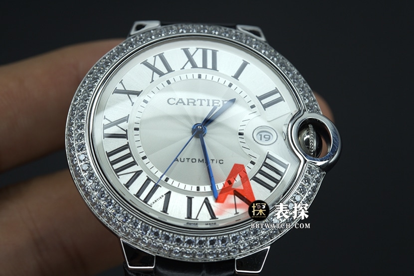 V6 factory Cartier blue balloon WE9009511:1super watch men's silver white dialleather strap picture and price front live photo