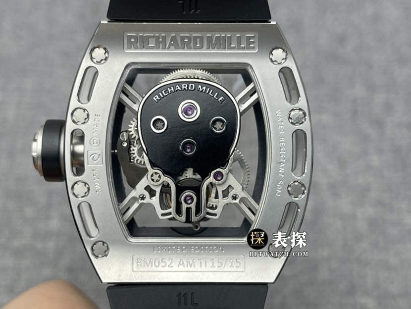 JB factory Richard Mille men's RM 52-01 top-tier watch men's skull plate tourbillon rubber model pictures and prices caseback live photo