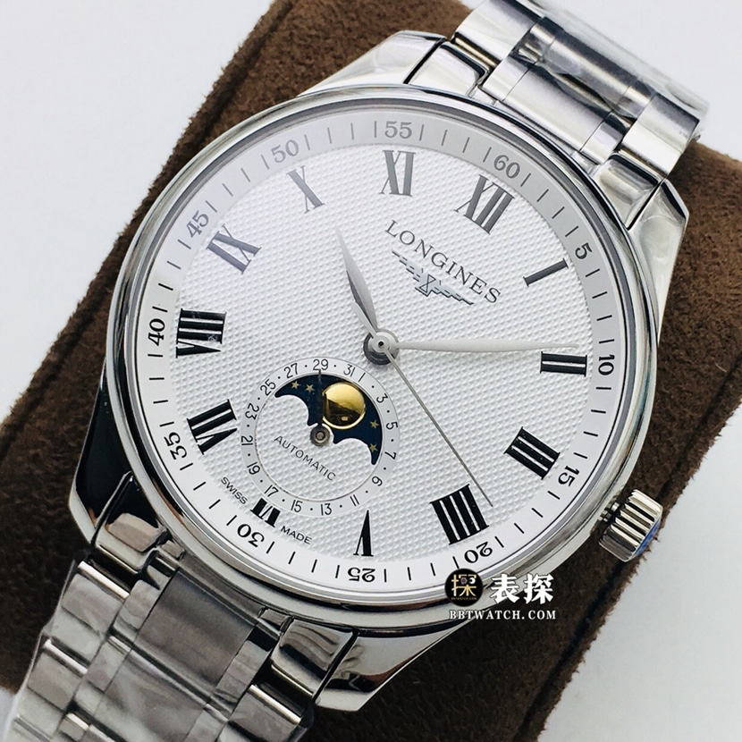 LG factory Longines watchmaking traditional top-tier watch men's white dialmoon phasesteel bracelet model pictures and prices front live photo