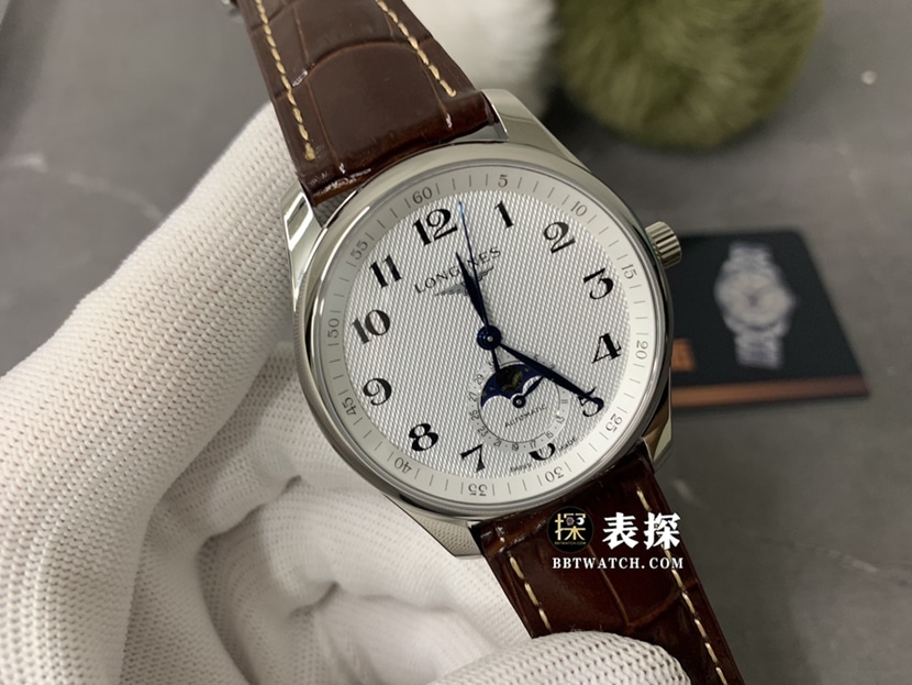 GS factory Longines watchmaking traditional top-tier 1:1super watch men's silver wheat plate moon phaseleather strap model picture and price front live photo