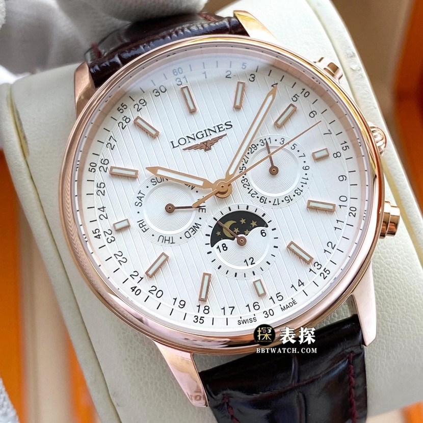 Longines retro top-tier watch men's white dial multi-function six-pin moon phaseleather strap model pictures and prices front live photo