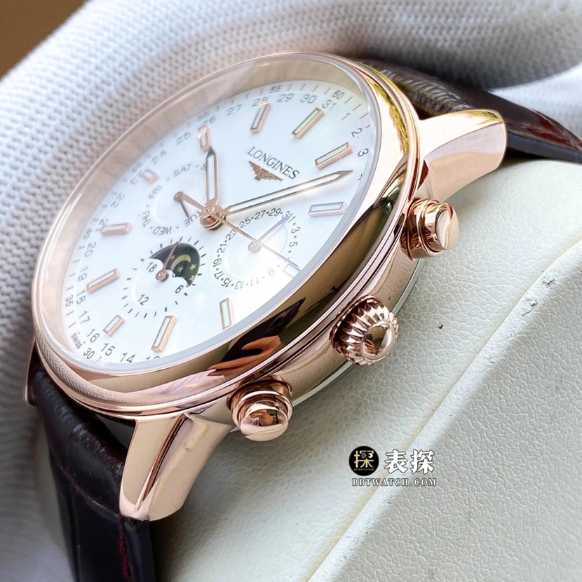 Longines retro top-tier watch men's white dial multi-function six-pin moon phaseleather strap model pictures and prices side live photo