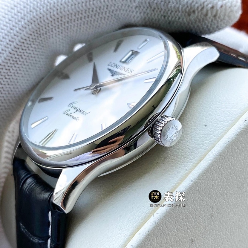 Longines1:1super watch men's white dial three needle leather strap model pictures and pricesside live photo