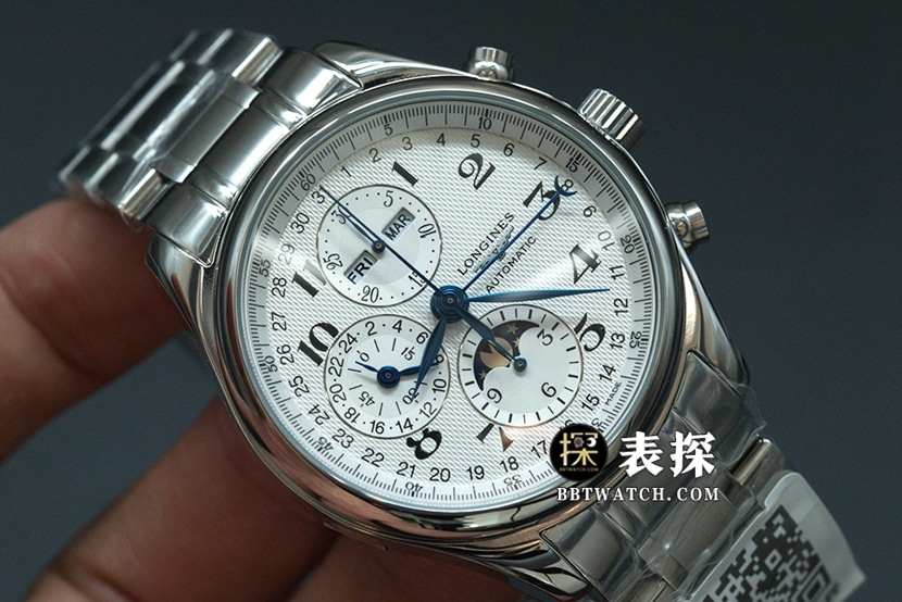 GS factory Longines famous craftsman eight-pin moon phasetop-tier watch white dial blue needle steel bracelet model picture and price front live photo