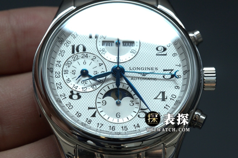 GS factory Longines famous craftsman eight-pin moon phasetop-tier watch white dial blue needle steel bracelet model picture and price front live photo