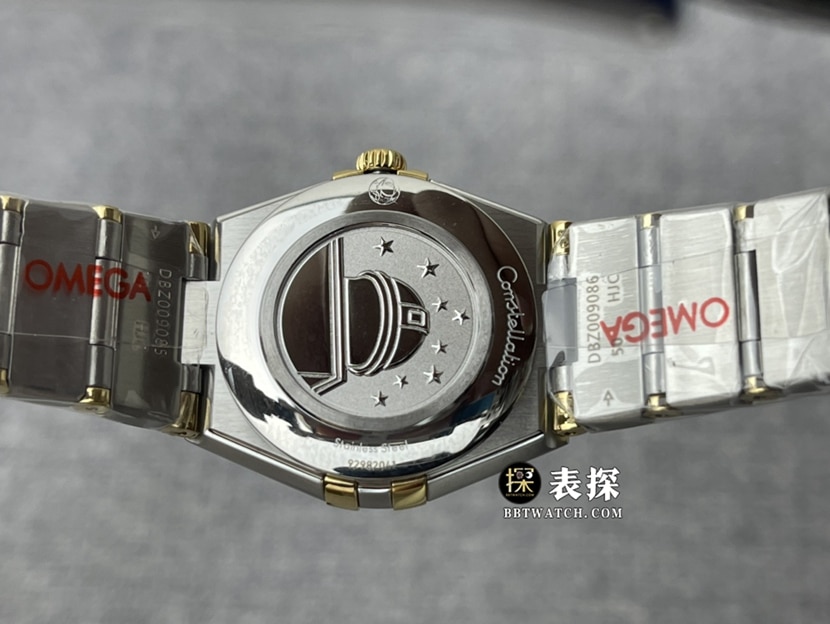 3S factory Omega Constellation top-tier watch women's white mother-of-pearl plate yellow gold diamond steel bracelet model pictures and prices caseback live photo