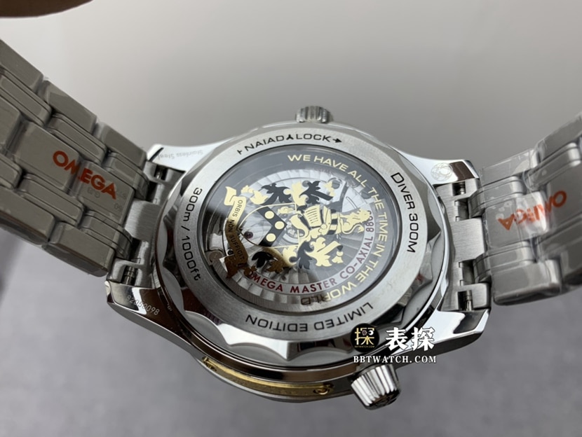 OR factory OmegaSeamastertop-tier watch men's black dial laser engraved barrel pattern steel bracelet model pictures and prices caseback live photo