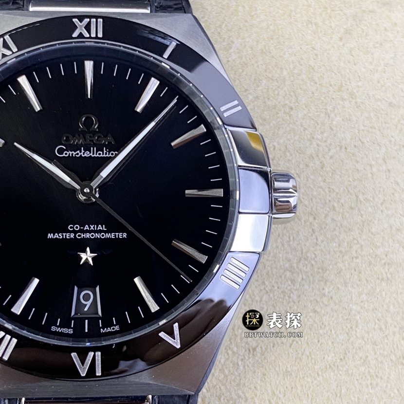 SBF factory Omega constellation watch men's black dialleather strap model pictures and prices front live photo