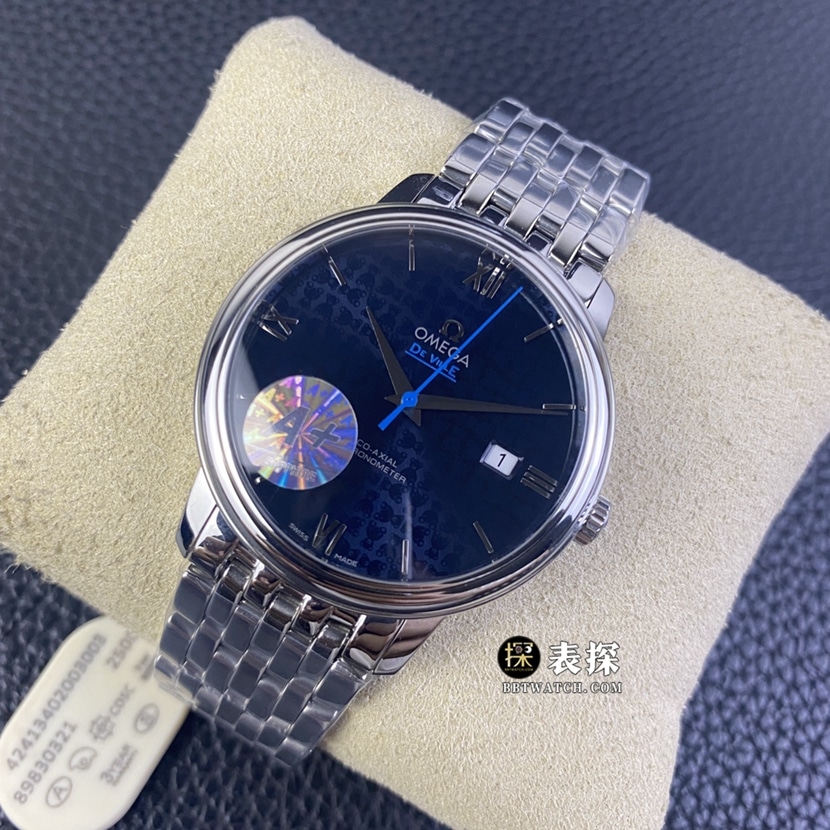 A+ factory Omega De Ville top-tier watch men's blue teddy bear pattern plate steel bracelet model pictures and prices front live photo