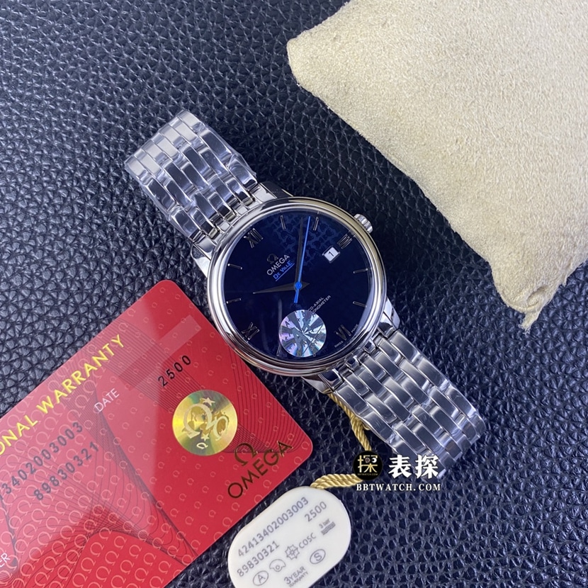 A+ factory Omega De Ville top-tier watch men's blue teddy bear pattern plate steel bracelet model pictures and prices front live photo