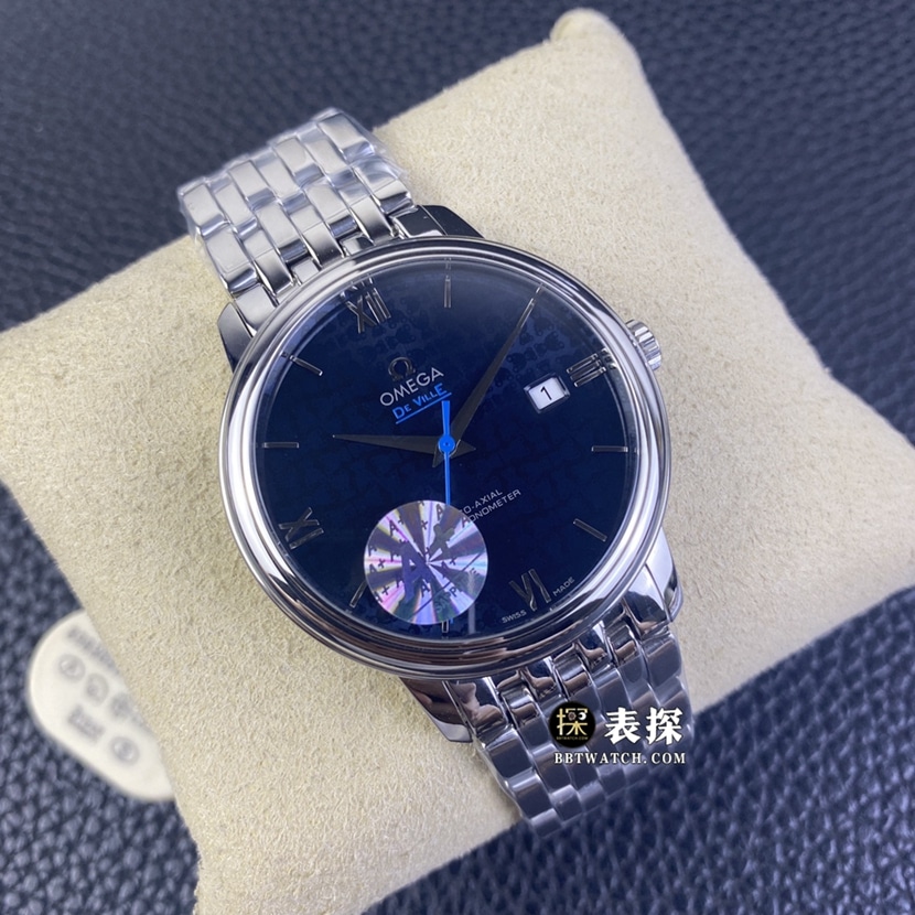 A+ factory Omega De Ville top-tier watch men's blue teddy bear pattern plate steel bracelet model pictures and prices front live photo