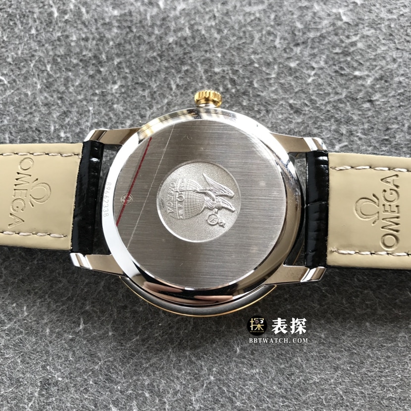 Omega Diefei watch men's black dialyellow goldleather strap picture and price caseback live photo