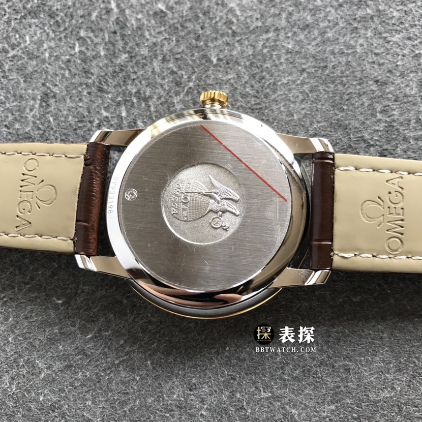 Omega Diefei top-tier watch men's champagne gold plate yellow goldleather strap model pictures and prices caseback live photo