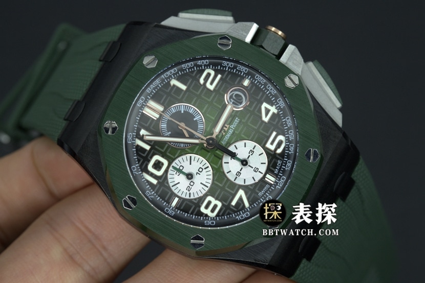 APF factory Audemars PiguetRoyal Oak offshore type 264051:1top-tier watch men's color ceramicgreen dial rubber model pictures and prices front live photo