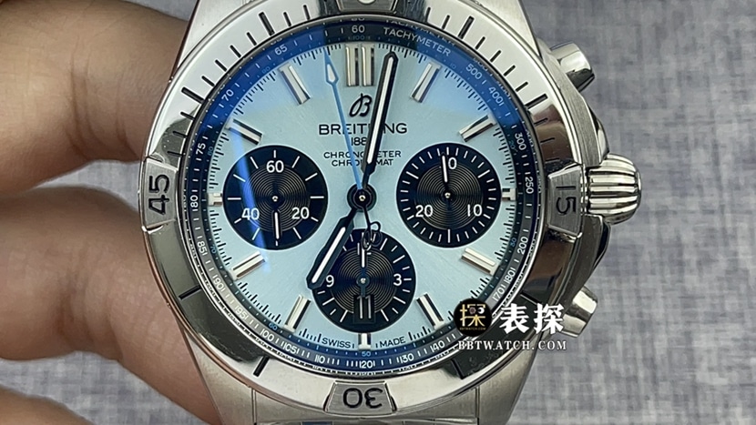 TF factory Breitling mechanical chronograph1:1super watch men's ice blue dialsteel bracelet picture and price front live photo