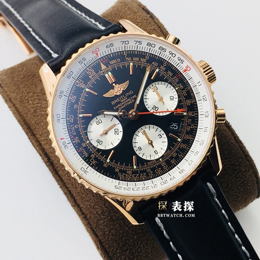 GB factory Breitling aviation chronograph11:1super watch men's black panda dial rose goldleather strap model pictures and prices front live photo