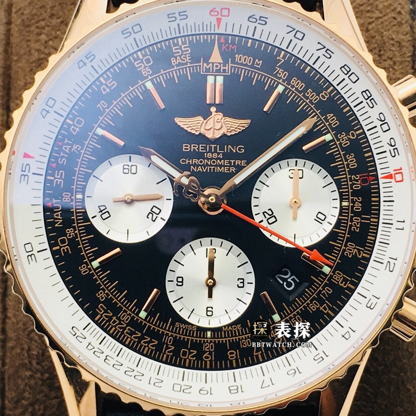 GB factory Breitling aviation chronograph11:1super watch men's black panda dial rose goldleather strap model pictures and prices front live photo